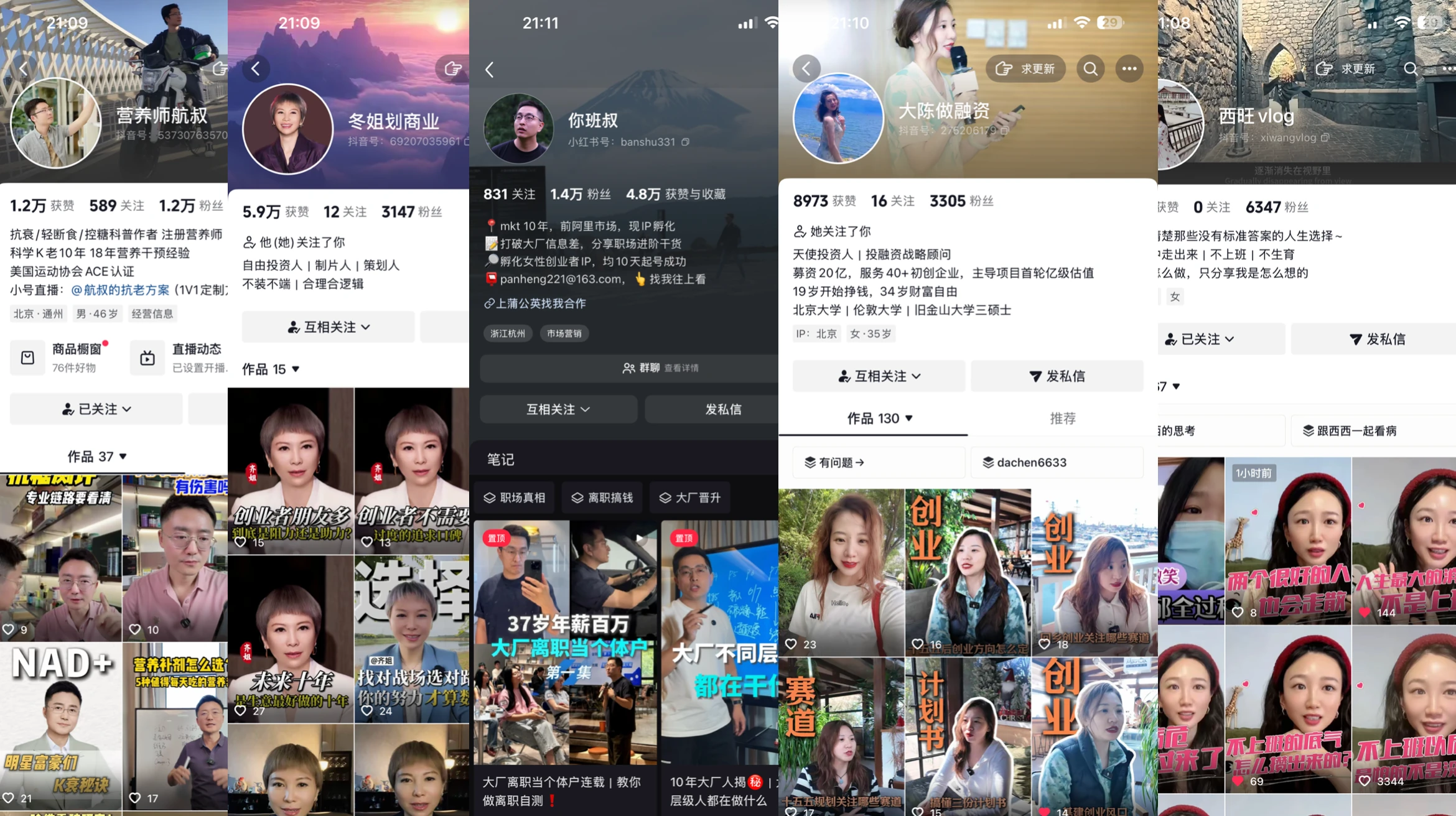 优秀案例:营养师航叔、冬姐划商业、你班叔、大陈做融资、西旺vlog的账号与内容